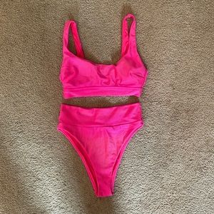 Aerie high cut cheeky scoop top neon pink bikini